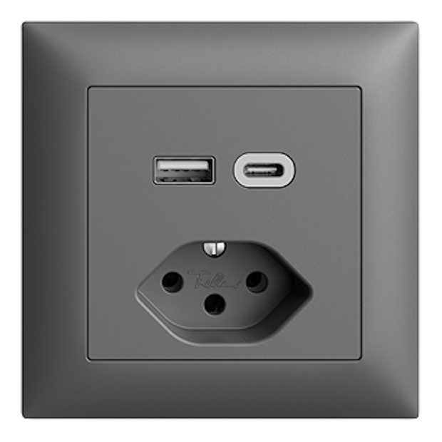 Presa di ricarica USB in grigio scuro. Immagine del prodotto.